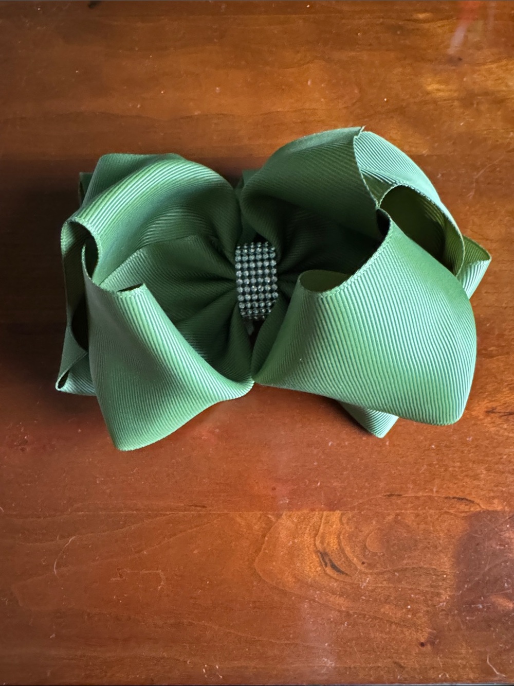 Green Bow Hair Clip with Rhinestone Center